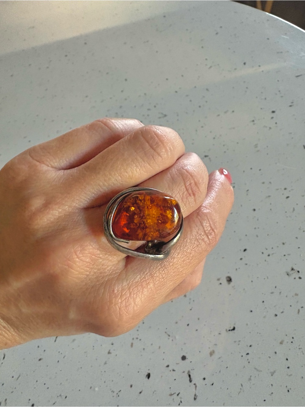 Baltic Amber Sterling-Style Statement Ring - Rich Cognac Amber Adjustable Size